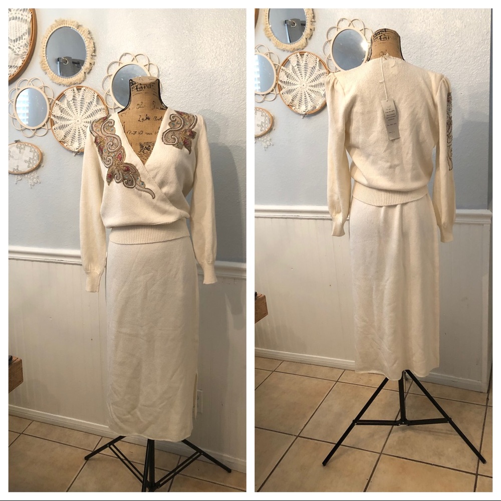 NWT! Vintage Ms. Kipps cream sweater skirt set
